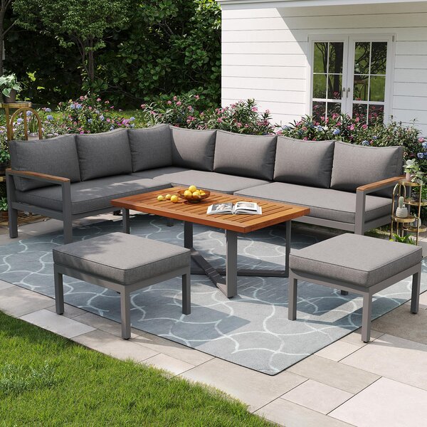 Space-Saving L-Shaped Sofa with Wooden Coffee Table, Stool Table Boxes, Outdoor Garden Lounge Set for 8 People, 115L x 60W x 78.5H cm, Grey Aosom.UK