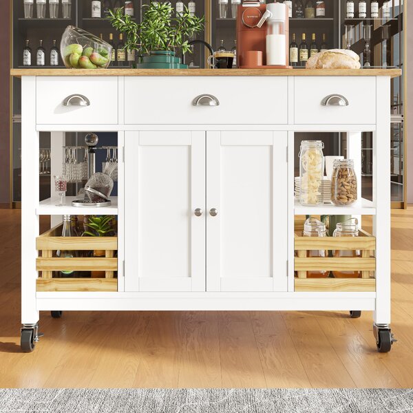Rolling Kitchen Island Trolley, 3 Drawers, Adjustable Shelf, Drop-Leaf Side Board, Utility Cart, 120x45x90 cm, White Aosom UK