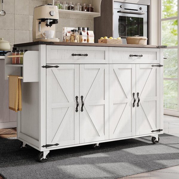 Farmhouse Style Kitchen Island Trolley with Adjustable Shelf, Easy Assembly, Perfect for Kitchen, Living Room, 140L x 73W x 90.5H cm, White Aosom.UK
