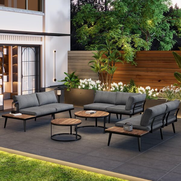 6-Piece Garden Lounge Set with Acacia Wood Tables, Galvanised Iron Frame, Ideal for Indoor and Outdoor Use, 160L x 64W x 75H cm, Grey Aosom.UK