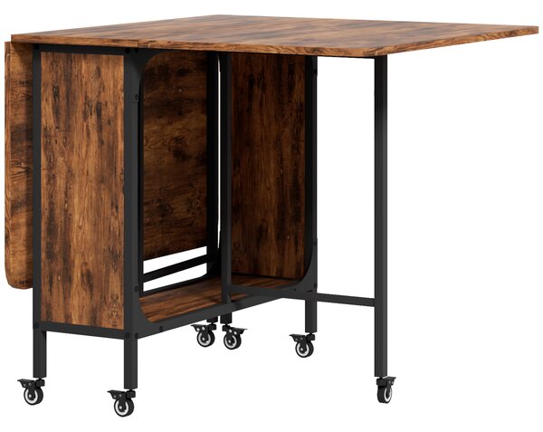 HOMCOM Mobile Drop Leaf Table Folding Kitchen Table Extendable Dining Table For Small Spaces With 6 Wheels & Storage Shelf Rustic Brown Aosom UK