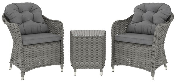 Outsunny 3 Pieces Rattan Bistro Set, Wicker Garden Bistro Set, Glass Top Balcony Table and Chairs with Cushions for Outdoor, Patio, Balcony, Light Grey