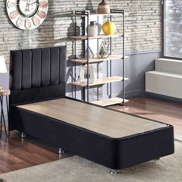 Caltrex Fabric Ottoman Storage Single Bed with Headboard in Black