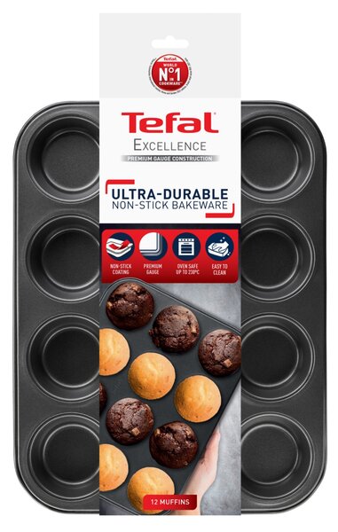 Tefal Excellence Aluminium Non-Stick Muffin Tray, 12 Cups Black