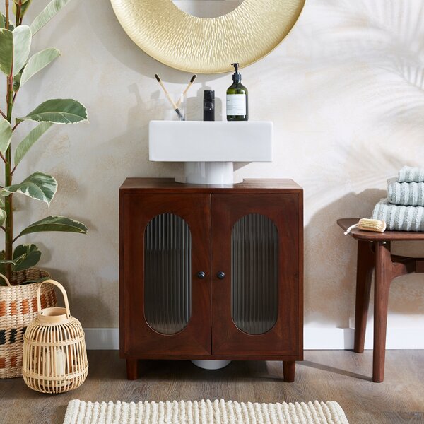 Elias Under Sink Unit, Acacia Wood and Reeded Glass Brown