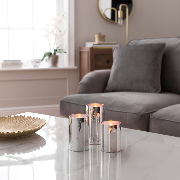 Set of 3 LED Metallic Glass Pillar Candles Silver