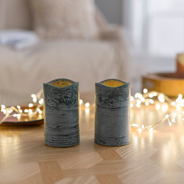 Set of 2 Frosted Eucalyptus LED Pillar Candles Green