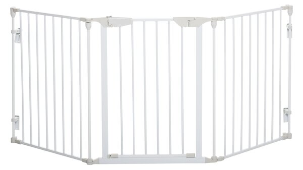 PawHut Pet Safety Gate 3-Panel Playpen Fireplace Christmas Tree Metal Fence Stair Barrier Room Divider w/Walk Through Door, White Aosom UK