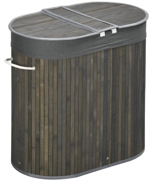 HOMCOM Bamboo Laundry Hamper 100L with Lid, Dual Compartment Clothes Basket with Removable Liner, Grey