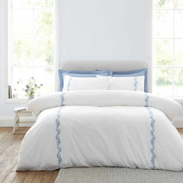Bianca Camille Embroidered Floral Duvet Cover Bedding Set White Blue