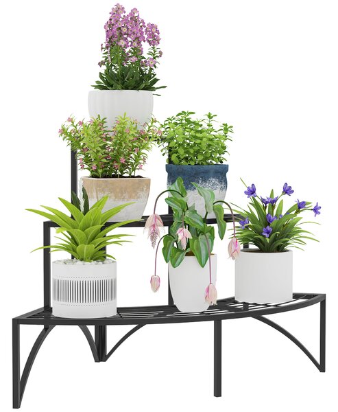 Outsunny 3 Tier Corner Plant Stand, Quarter Round Metal Plant Rack for Indoor Outdoor, Flower Pot Holder for Garden Balcony Patio, Black
