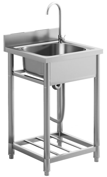 HOMCOM Outdoor Utility Sink, Free Standing Single Bowl Kitchen Sink with Cold and Hot Water Pipe and Storage Shelf for Laundry Garage, Silver Tone
