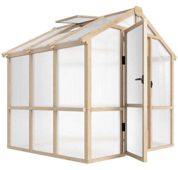 Outsunny 6.6 x 6ft Polycarbonate Greenhouse, Walk-in Wooden Greenhouse with Lockable Door and Window, Garden Plants Grow House, Brown