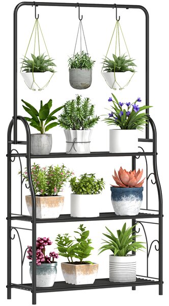 Outsunny 3 Tier Plant Stand with Hanging Rod and Hooks, Metal Plant Rack Shelf, Ladder Flower Pot for Indoor Outdoor Porch Balcony Living Room Bedroom, Black