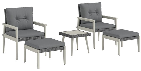 Outsunny 5 Pieces Rattan Garden Furniture Set, Patio Conversation Set with Cushions, Acacia Wood Top Coffee Table and Footstools, Outdoor Table and Chairs for Balcony, Terrace and Conservatory, Grey