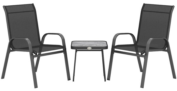 Outsunny 3 Pieces Outdoot Bistro Set, Patio Stackable Armchairs with Breathable Mesh Fabric and PSC Board Coffee Table, Black