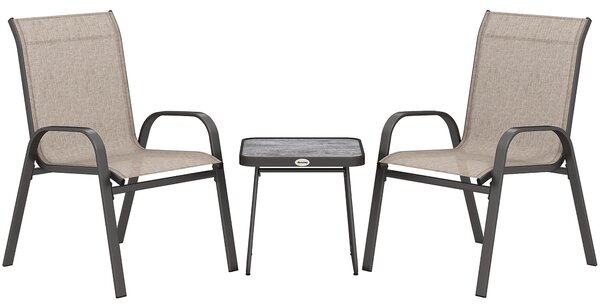 Outsunny 3 Pieces Outdoot Bistro Set, Patio Stackable Armchairs with Breathable Mesh Fabric and PSC Board Coffee Table, Brown