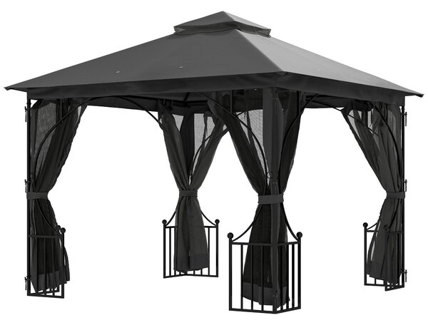 Outsunny 3 x 3(m) Garden Gazebo Patio Party Tent Shelter Outdoor Canopy Double Tier Sun Shade Metal Frame Netting, Dark Grey