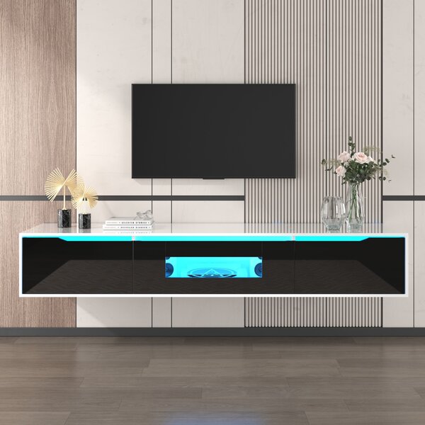 High Gloss Modern Floating TV Stand with Color Changing LED Lights, Versatile Mounting Options, 3 Storage Space, 180L x 35W x 30H cm, Black Aosom.UK