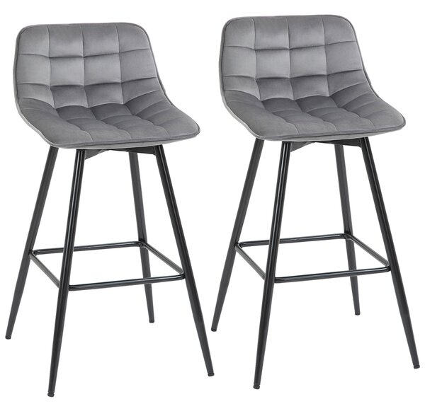 HOMCOM Set of 2 Bar stools With Backs Velvet-Touch Dining Chairs Kitchen Counter Chairs Fabric Upholstered seat with Metal Legs, Backrest, Grey