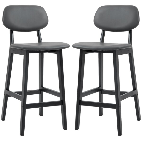 HOMCOM Bar Stools Set of 2, Modern Breakfast Bar Chairs, Faux Leather Upholstered Kitchen Stools with Backs and Wood Legs, Dark Grey