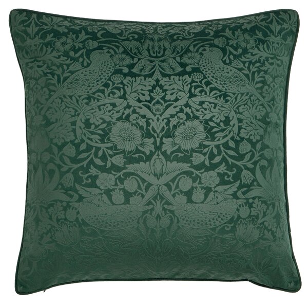 William Morris At Home Strawberry Thief Embossed 50cmx50cm Filled Cushion Forest Green