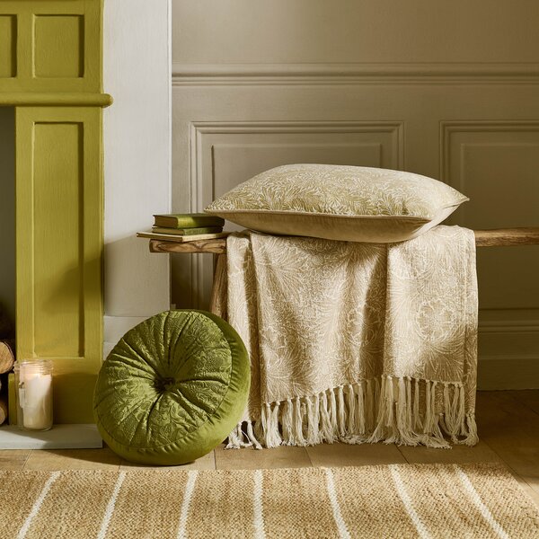 William Morris At Home Strawberry Thief Embossed 38cm Round Filled Cushion Olive