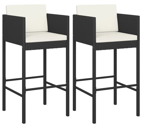 Bar Stools 2 pcs with Cushions Black Poly Rattan