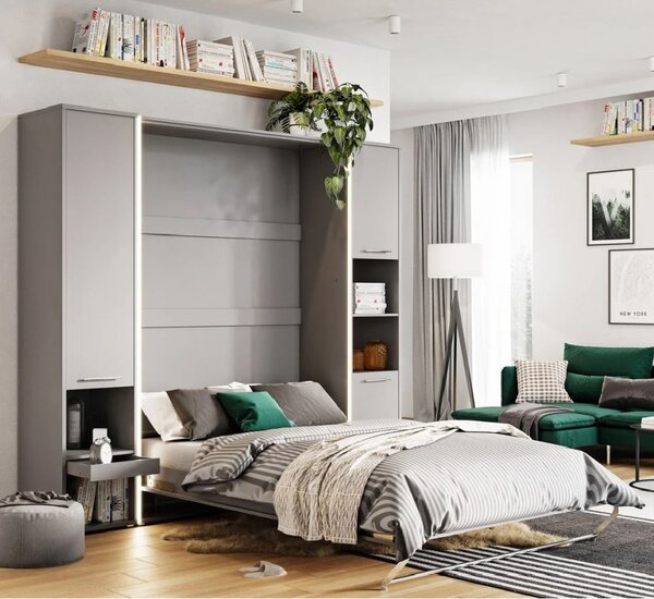Cadott Wooden Vertical Wall Single Bed In Matt Grey And LED
