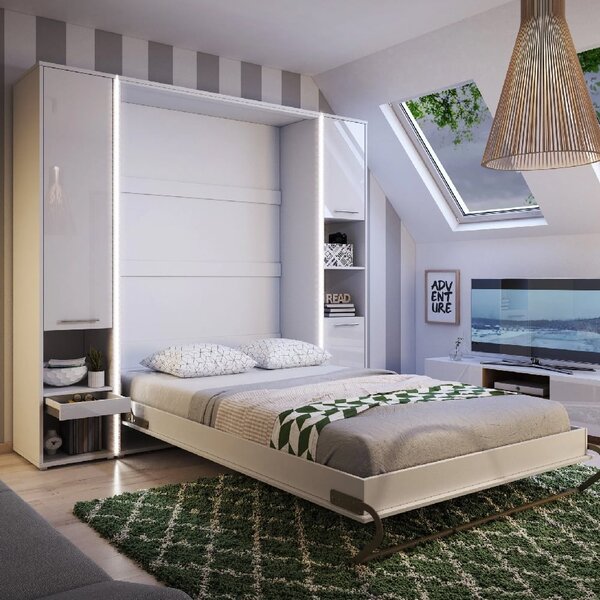 Cadott Wooden Vertical Wall Single Bed In Matt White And LED