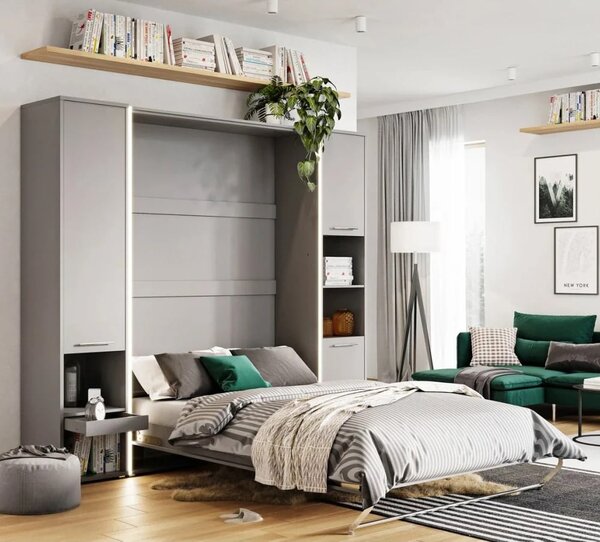 Cadott Wooden Vertical Wall Small Double Bed In Grey And LED