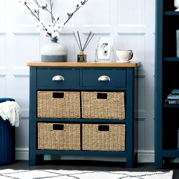 Rutland Blue Painted Oak 2 Drawer 4 Wicker Basket Cabinet
