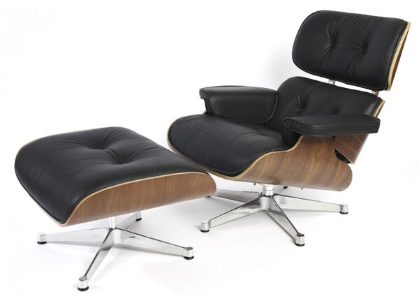 Eames Style Contemporary Leather Lounge Chair & Ottoman Stool Rosewood w/ Black Base