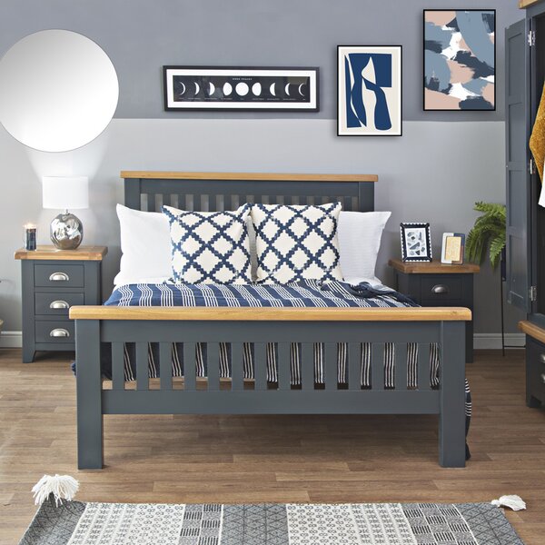 Hampshire Blue Painted Oak King Size Bed Frame High Foot End