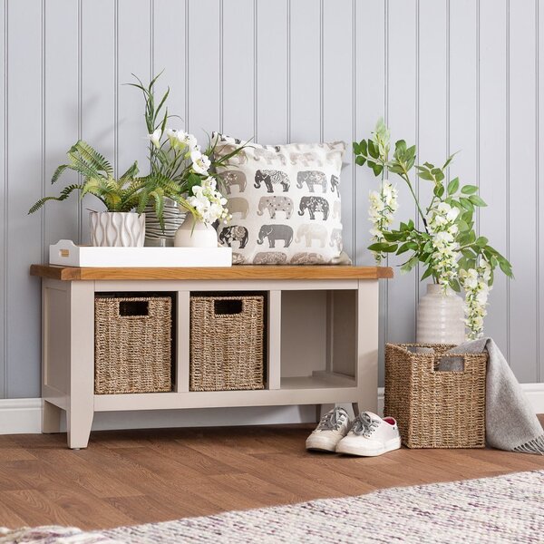 Chester Stone Painted Oak Hall Bench with Wicker Baskets