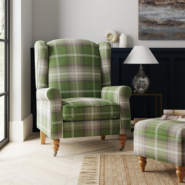 Oswald Self Assembly Green Check Grande Armchair Green