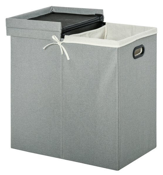 HOMCOM Linen Folding Laundry Basket, Hamper Bin with 2 Sections, Lid and Removable Liner and Handles, 115L Storage Capacity, Grey