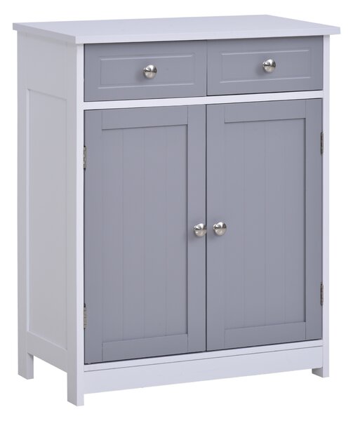 Kleankin Bathroom Storage Cabinet Free-Standing Bathroom Cabinet Unit w/ 2 Drawers Cupboard Adjustable Shelf Metal Handles 75x60cm - Grey and White