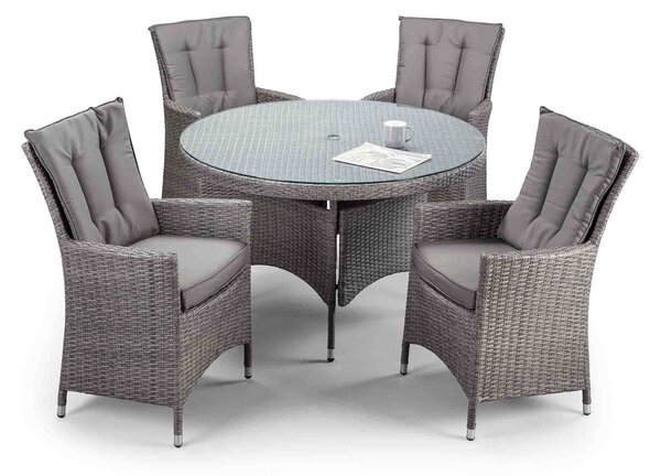 Palma 120cm Round Grey Rattan Dining Table and Chairs with Glass Top, 4 Seater Al Fresco Outdoor Patio Garden Furniture Set | Roseland Furniture