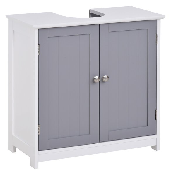 Kleankin Vanity Vault: Under-Sink Storage Solution with Adjustable Shelf, Handles, and Drain Hole, White & Grey