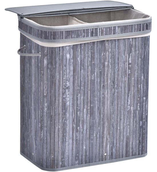 HOMCOM Laundry Locker: Dual-Compartment Wooden Basket with Lid, Removable Liner & Handles, Grey