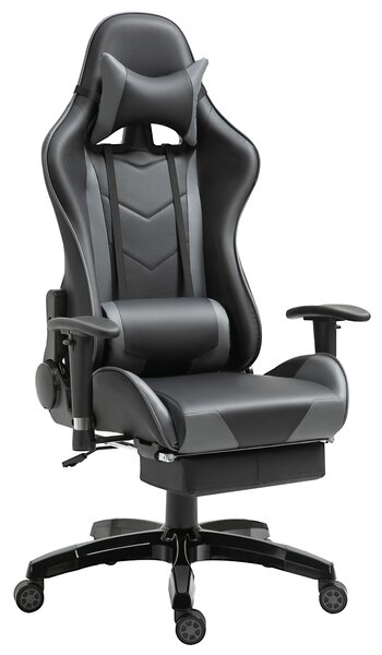 HOMCOM High-Back Gaming Chair Swivel Home Office Computer Racing Gamer Recliner Chair Faux Leather with Footrest, Wheels, Black Grey
