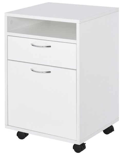 HOMCOM Storage Cabinet, 60cm with Drawer, Open Shelf, Metal Handles, 4 Wheels, Mobile Office Home Organiser for Printer, White