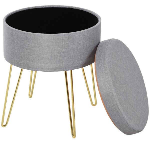 HOMCOM Round Linen-Look Storage Ottoman Footstool Wood Frame w/ Metal Legs Padded Lid Home Seat Beautiful Stylish Home Furnishing Table Grey