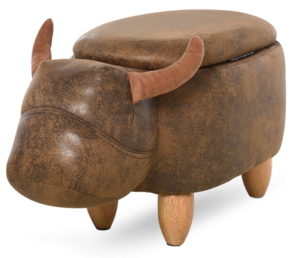 HOMCOM Animal footstool Buffalo Storage Stool Cute Kids Decoration Wood Frame Legs w/Padding Lid Ottoman Furniture Brown