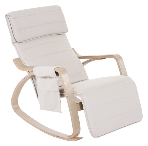 HOMCOM Wooden Rocker Rocking Lounge Chair Recliner Relaxation Lounging Relaxing Seat with Adjustable Footrest & Side Pocket & Cushion (Cream White)