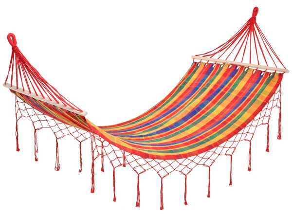 Outsunny 290 x 100cm Cotton Hammock Hanging Hammock Bed Outdoor & Indoor w/ Fringed Macrame, 150kg Load Capacity, Rainbow Stripe