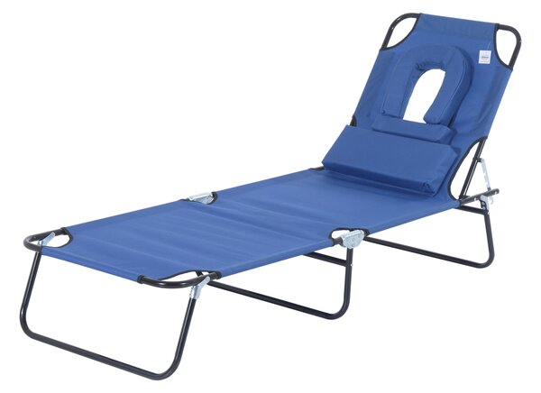 Outsunny Sun Lounger Foldable Reclining Chair with Pillow and Reading Hole Garden Beach Outdoor Recliner Adjustable Blue