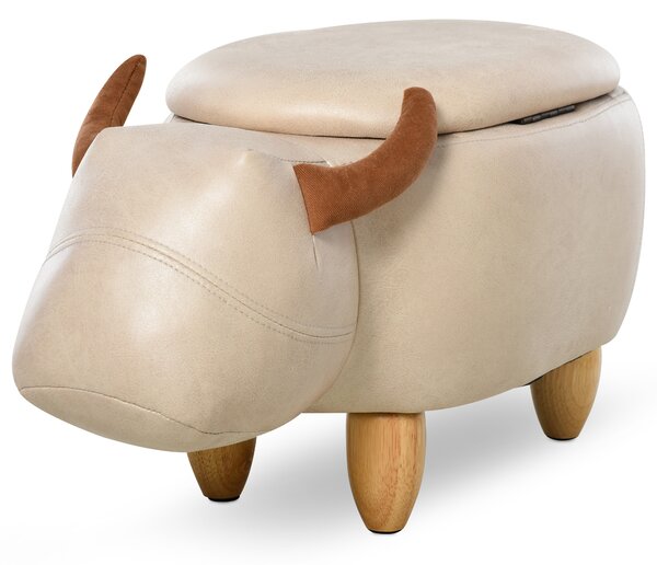 HOMCOM Buffalo Storage Stool, Animal Footstool with Wood Frame Legs, Padded Lid, Cute Kids Ottoman Furniture, Ivory