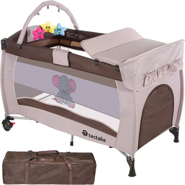 Tectake 402203 travel cot elephant 132x75x104cm with changing mat, play bar & carry bag - brown